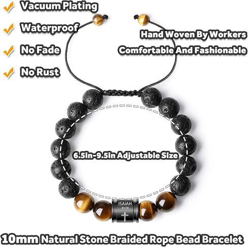 Bible Verse Cross Bracelets for Men Handmade 10mm Natural Black Onyx, Lava Rock Stone, Tiger Eyes and Black Matte Agate Bead Braided Rope Meaningful Gifts Bracelet for Men Father Boyfriends Husband in Saudi Arabia