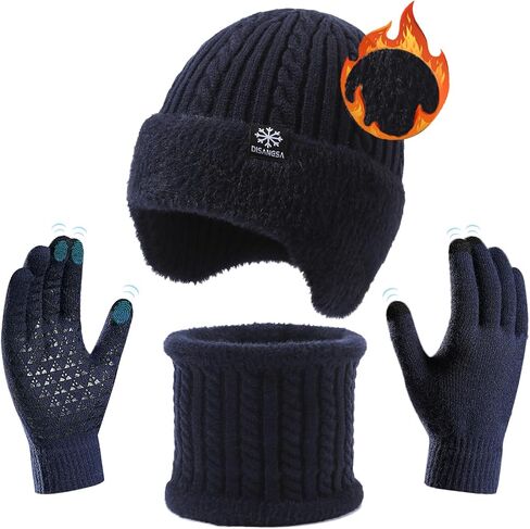 Winter Hat Gloves Set for Men Women, Fleece Line Beanie with Earflap, Neck Warmer Scarf and Touch Screen Gloves in Saudi Arabia