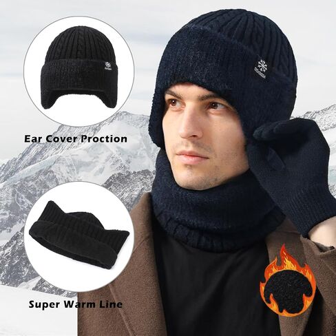 Winter Hat Gloves Set for Men Women, Fleece Line Beanie with Earflap, Neck Warmer Scarf and Touch Screen Gloves in Saudi Arabia