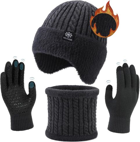 Winter Hat Gloves Set for Men Women, Fleece Line Beanie with Earflap, Neck Warmer Scarf and Touch Screen Gloves in Saudi Arabia