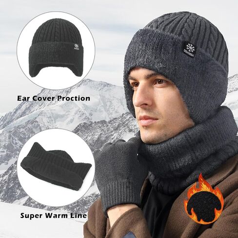 Winter Hat Gloves Set for Men Women, Fleece Line Beanie with Earflap, Neck Warmer Scarf and Touch Screen Gloves in Saudi Arabia
