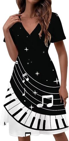 Music Piano Keys Women's Summer Short Sleeve V-Neck Dress Casual Midi Sundresses in Saudi Arabia