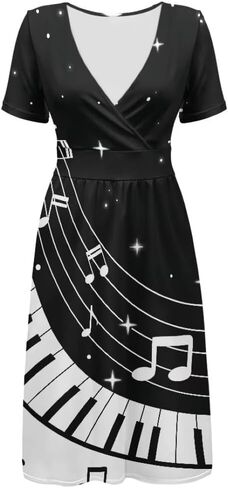 Music Piano Keys Women's Summer Short Sleeve V-Neck Dress Casual Midi Sundresses in Saudi Arabia