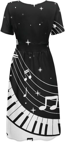 Music Piano Keys Women's Summer Short Sleeve V-Neck Dress Casual Midi Sundresses in Saudi Arabia