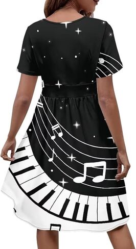 Music Piano Keys Women's Summer Short Sleeve V-Neck Dress Casual Midi Sundresses in Saudi Arabia