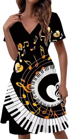 Music Piano Keys Women's Summer Short Sleeve V-Neck Dress Casual Midi Sundresses in Kuwait