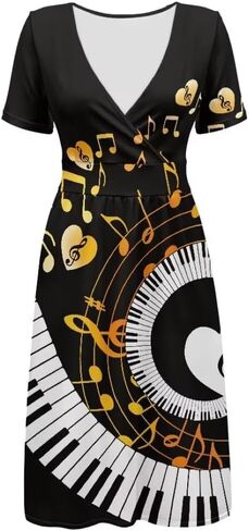 Music Piano Keys Women's Summer Short Sleeve V-Neck Dress Casual Midi Sundresses in Kuwait