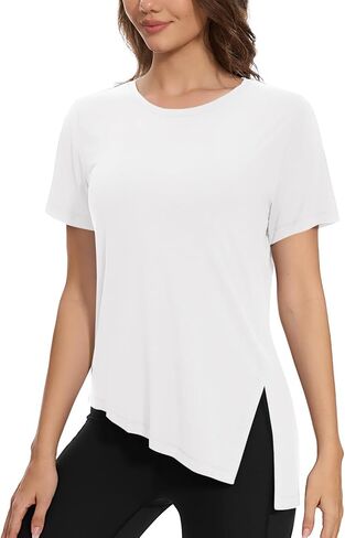 MAGCOMSEN Women's Workout Shirts Short Sleeve Crewneck Quick Dry Yoga T-Shirt Gym Athletic Top Breathable Tee Side Slit in Kuwait