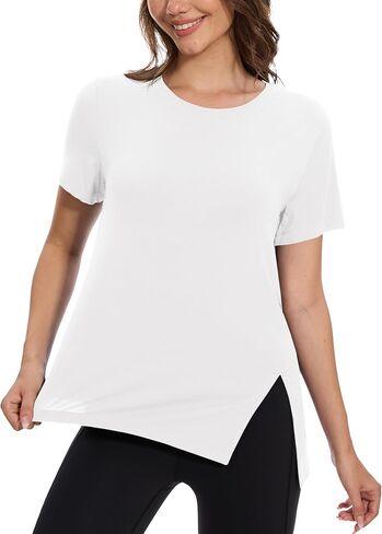 MAGCOMSEN Women's Workout Shirts Short Sleeve Crewneck Quick Dry Yoga T-Shirt Gym Athletic Top Breathable Tee Side Slit in Kuwait