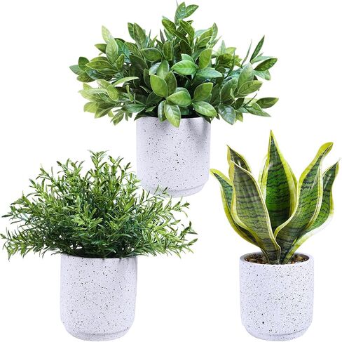 Winlyn 3 Pack Small Potted Artificial Plants Faux Greenery Rosemary Boxwood Snake Plants in Black Cement Planters Decorative Plants 8.3"-9.3" Tall for Home Office Bathroom Kitchen Shelf Table Décor in Saudi Arabia
