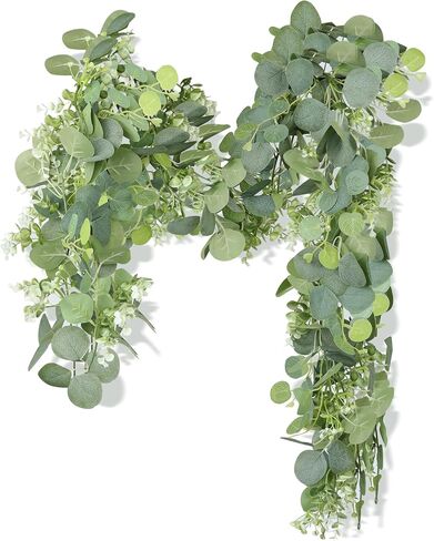 Artificial Eucalyptus Garland with gypsophila Flowers 2pcs 11.8ft Faux Greenery Garland Fake Eucalyptus Leaves for Wedding Arch Farmhouse Mantle Table Runner Decor Centerpiece Home Party Decor (green) in Kuwait