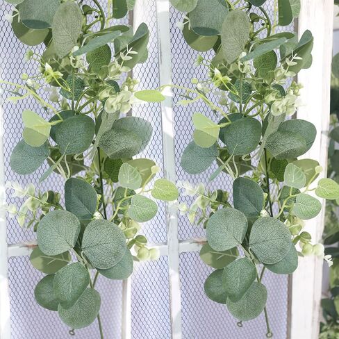 Artificial Eucalyptus Garland with gypsophila Flowers 2pcs 11.8ft Faux Greenery Garland Fake Eucalyptus Leaves for Wedding Arch Farmhouse Mantle Table Runner Decor Centerpiece Home Party Decor (green) in Kuwait