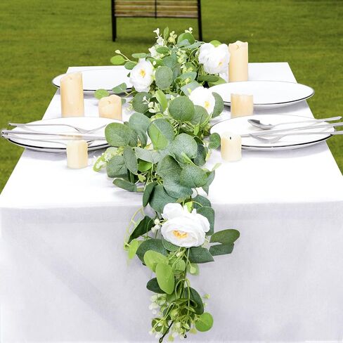 Artificial Eucalyptus Garland with gypsophila Flowers 2pcs 11.8ft Faux Greenery Garland Fake Eucalyptus Leaves for Wedding Arch Farmhouse Mantle Table Runner Decor Centerpiece Home Party Decor (green) in Kuwait