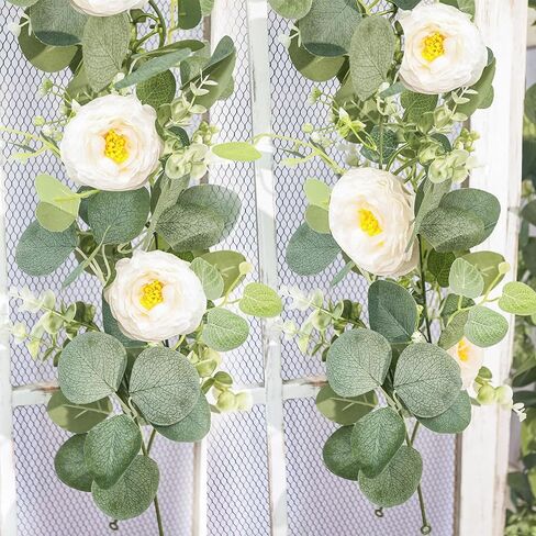 Artificial Eucalyptus Garland with gypsophila Flowers 2pcs 11.8ft Faux Greenery Garland Fake Eucalyptus Leaves for Wedding Arch Farmhouse Mantle Table Runner Decor Centerpiece Home Party Decor (green) in Kuwait