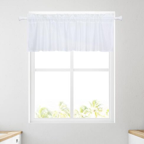 2 Pcs Sheer Valance Curtain White Rod Pocket Sheer Voile Lace Striped Knitted Semi Sheer Window Treatment for Kitchen Cafe Dinning Bath Room, 60 x 18 Inch in Saudi Arabia