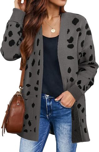 ZESICA Women's Fall Winter Long Sleeves Open Front Leopard Print Knitted Sweater Cardigan Coat Outwear in Kuwait