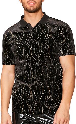 WDIRARA Men's Glitter Short Sleeve Polo Shirt Button Front Club Party Wear T Shirts Top in Saudi Arabia
