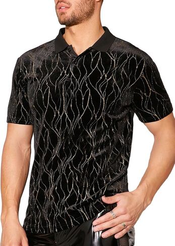 WDIRARA Men's Glitter Short Sleeve Polo Shirt Button Front Club Party Wear T Shirts Top in Saudi Arabia