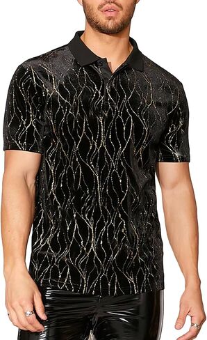 WDIRARA Men's Glitter Short Sleeve Polo Shirt Button Front Club Party Wear T Shirts Top in Saudi Arabia