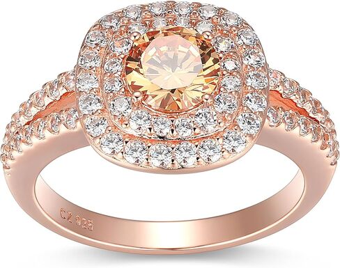 14K Rose Gold-Plated .925 Sterling Silver Champagne & White Cubic Zirconia Cushion-Shaped Double-Halo Pendant Necklace and Ring Size 7 in Kuwait
