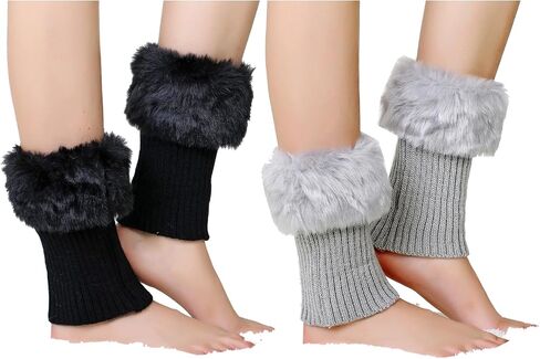 2 Pairs Women Faux Fur Trim Boot Cuff Socks Winter Knitted Furry Top Cover Leg Warmers in Kuwait