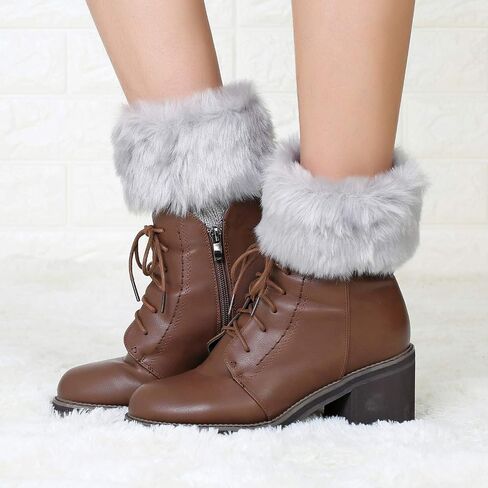 2 Pairs Women Faux Fur Trim Boot Cuff Socks Winter Knitted Furry Top Cover Leg Warmers in Kuwait