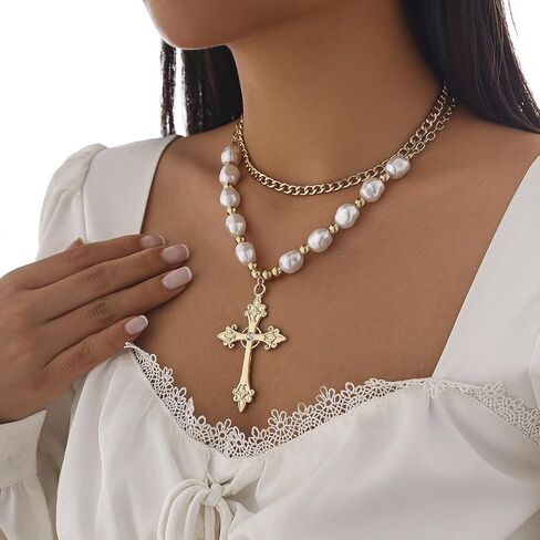 Gothic Cross Necklace Layered Pearl Beads Cross Pendant Necklaces Punk Vintage Cross Chain Necklace Chunky Cross Necklace for Women in Kuwait