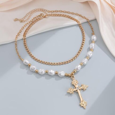 Gothic Cross Necklace Layered Pearl Beads Cross Pendant Necklaces Punk Vintage Cross Chain Necklace Chunky Cross Necklace for Women in Kuwait