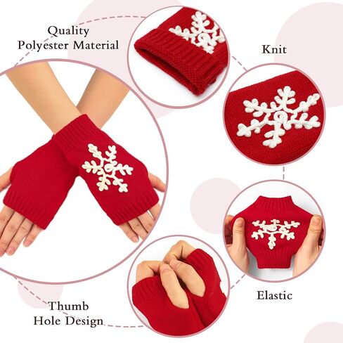 Urieo Snowflake Winter Arm Warmer Knit Red Fingerless Gloves Christmas Knitted Wrist Warmers with Thumb Hole for Women in Saudi Arabia