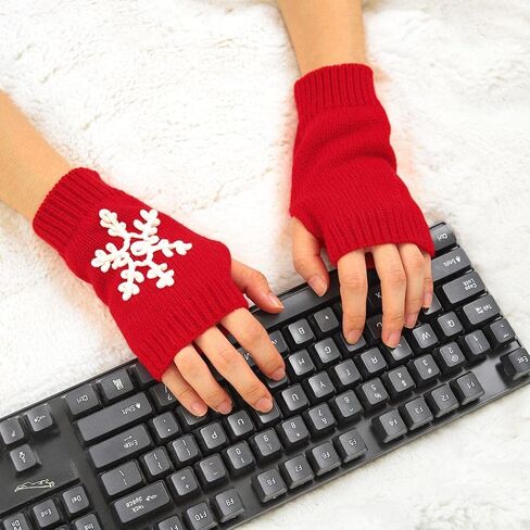 Urieo Snowflake Winter Arm Warmer Knit Red Fingerless Gloves Christmas Knitted Wrist Warmers with Thumb Hole for Women in Saudi Arabia