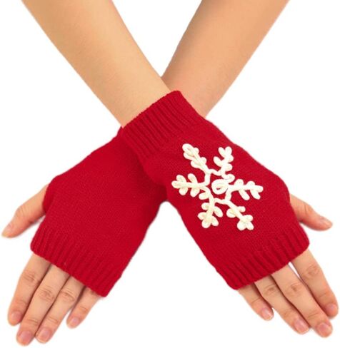Urieo Snowflake Winter Arm Warmer Knit Red Fingerless Gloves Christmas Knitted Wrist Warmers with Thumb Hole for Women in Saudi Arabia