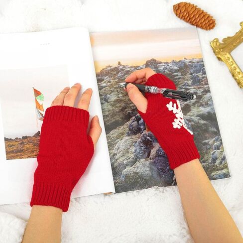 Urieo Snowflake Winter Arm Warmer Knit Red Fingerless Gloves Christmas Knitted Wrist Warmers with Thumb Hole for Women in Saudi Arabia