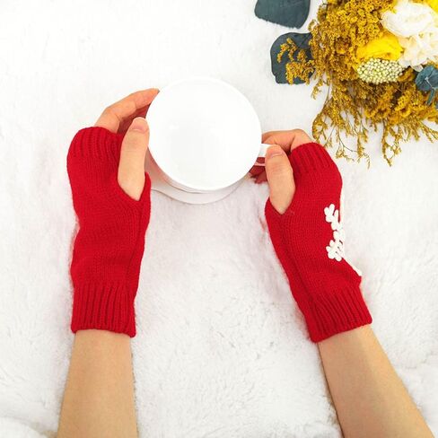 Urieo Snowflake Winter Arm Warmer Knit Red Fingerless Gloves Christmas Knitted Wrist Warmers with Thumb Hole for Women in Saudi Arabia