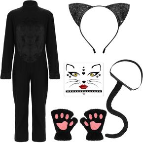 Ramede Halloween Cat Costume for 6-16 Years Girls Black Cat Costume with Gloves Headband Tail Stickers for Kids