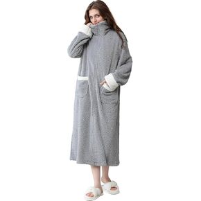 Soojun Women's Full Front Zipper Long Robes with Pockets Fuzzy Bathrobe