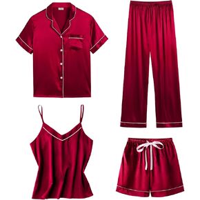 SWOMOG Womens 4pcs Pajamas Sets Short Sleeve Camisole with Button Down Shirt Pjs Silk Satin Sleepwear Loungewear