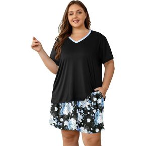Vozanet Women's Short Sleeve Top and Shorts Pajama Sets Plus Size V Neck Colorful Flower Nighty Loungewear With TWO Pockets