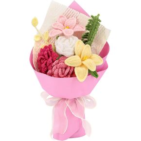 Crochet Flowers Finished Bouquet Crocheted Cotton thread flowers, Handmade Crochet Rose Tulip Fern Leaf as a Gift for Lover, Friends. Artificial Flower (pink)