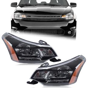 A Pair Headlight Compatible for 2008-2011 Ford Focus S/SE/SES/SEL Chrome Housing with Amber Reflector Headlamp Assembly Left Driver&Right Passenger 8S4Z13008F FO2502244 8S4Z13008E FO2503244