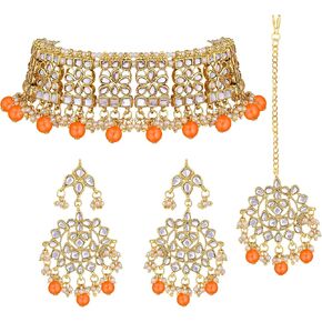 Aheli Elegant Indian Faux Kundan Studded Choker Necklace with Maang Tikka Set Ethnic Wedding Wear Fashion Jewelry Gift for Women Blue