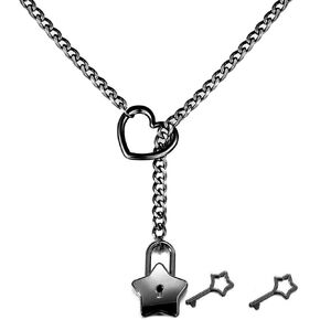 Heart O-Ring Slip Chain Necklace Punk Rock Stainless Steel Cuban Long Necklace Jewelry for Women Gothic Cuban Necklace Jewelry Adjustable Lariat Y-Necklace With Key