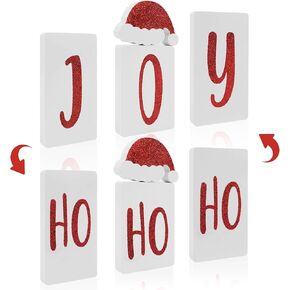 Joy Hohoho علامات عيد الميلاد ديكورات الطاولة في الأماكن المغلقة، 2 في 1 عيد الميلاد سانتا قبعة طبقات صينية ديكور مجموعة من 4، خشب لامع علامة عيد الميلاد ديكور الطاولة لعرض باب رف المنزل للحفلات (قبعة سانتا) in Kuwait