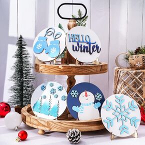 Whaline Winter Christmas Tiered Tray Decor, Snowflake Snowman 3D Wood Signs with Easel Xmas Round Blue White Farmhouse Tray Decor for Christmas Table Mantel Home Party Decoration, 5Pcs