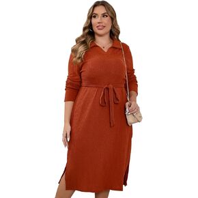 KOJOOIN Women Plus Size Sweater Dress Collar Long Sleeve Side Split Pullover Maxi Knit Sweater Dress with Belt