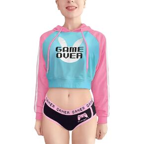 Littleforbig Women's Bunnywatch Cosplay Gaming Casual Regular Fit Long Sleeve Drawstring Cropped Hoodie Sweater Pink