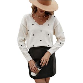 Women's Heart Pattern V Neck Sweater Scallop Trim Long Sleeve Pullover Tops