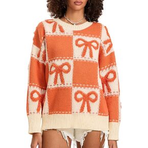 Women's Fall Winter Oversized Color Block Bow Sweater Pullover Long Sleeve Crewneck Cable Knit Tops Loose Casual