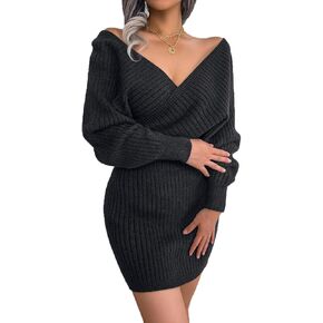 Plustrong Womens Wrap V Neck Bodycon Mini Sweater Dress Batwing Long Sleeve Pullover Sweaters