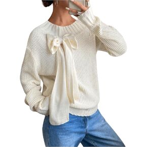 MakeMeChic Women's Bow Knot Crew Neck Sweater Long Sleeve Drop Shoulder Knitted Top