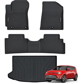 Floor Mats & Cargo Liner for Kia Soul 2025 2024-2020 All Weather Protection TPE Rubber Floor Liners Full Set Automotive Mat Accessories, Black (Only Fits Upper Floor of The Trunk)